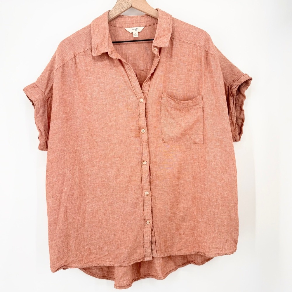 Terra & Sky Linen Blend Button Shirt 1X Coral Pink Short Sleeve Plus Size Blouse - Picture 2 of 8